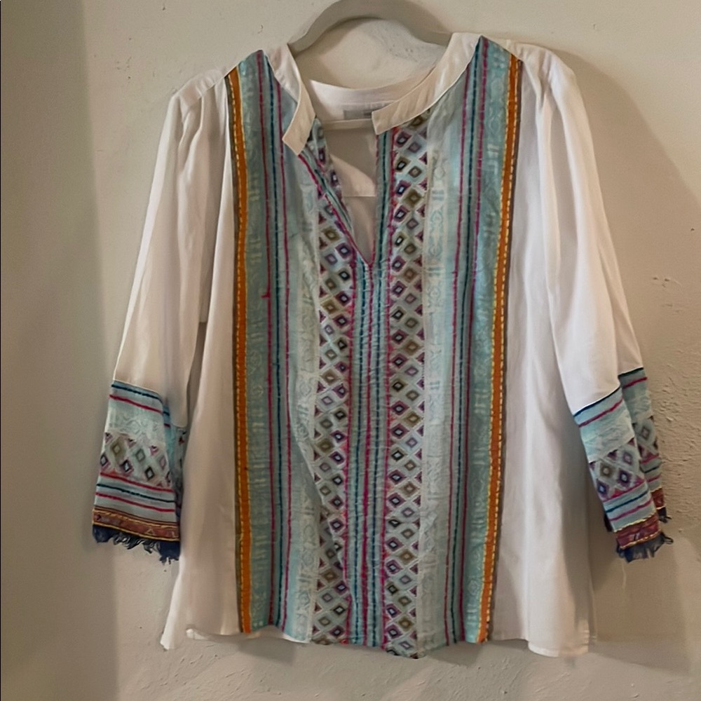 Subtle Luxery Embroidered White Top with Multicolor Stripes and designs